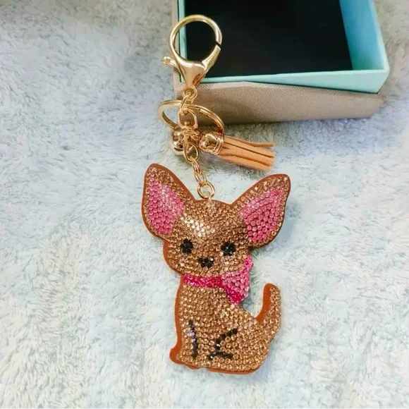 Chihuahua Dog Pink & Brown Rhinestone-Encrusted Key Chain, Bag, & Car Charm - Picture 3 of 5